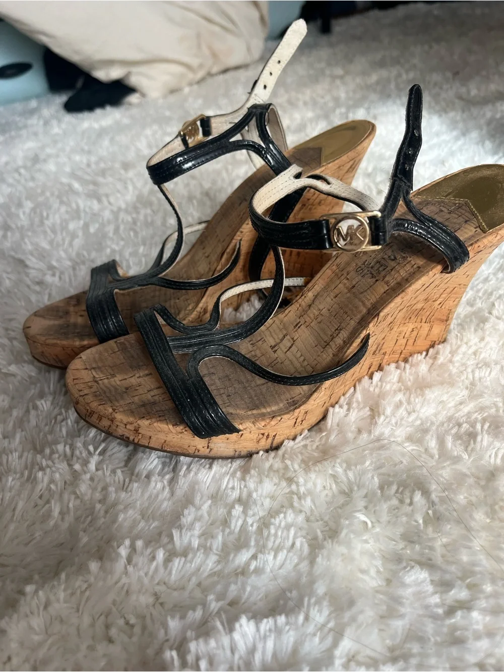 Michael Kors Black Leather T-Strap Cork Wedge Sandals
